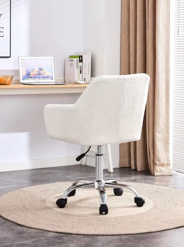 Alt view image 4 of 7 - Modern Faux Fur Home Office Chair, Upholstered Elegant Makeup Vanity Chair for Teen Girls Swivel Desk Chair, Height Adjustable Leisure Elegant Chair, White