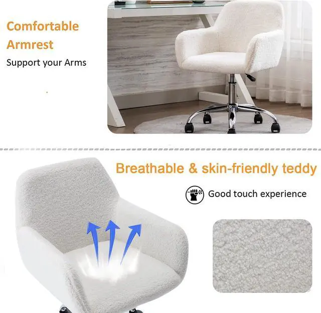 Alt view image 5 of 7 - Modern Faux Fur Home Office Chair, Upholstered Elegant Makeup Vanity Chair for Teen Girls Swivel Desk Chair, Height Adjustable Leisure Elegant Chair, White