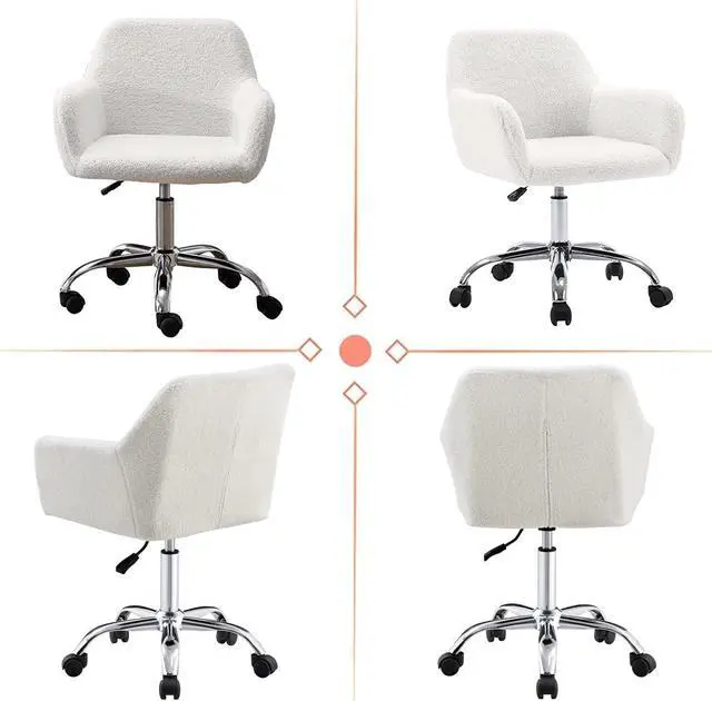 Alt view image 7 of 7 - Modern Faux Fur Home Office Chair, Upholstered Elegant Makeup Vanity Chair for Teen Girls Swivel Desk Chair, Height Adjustable Leisure Elegant Chair, White