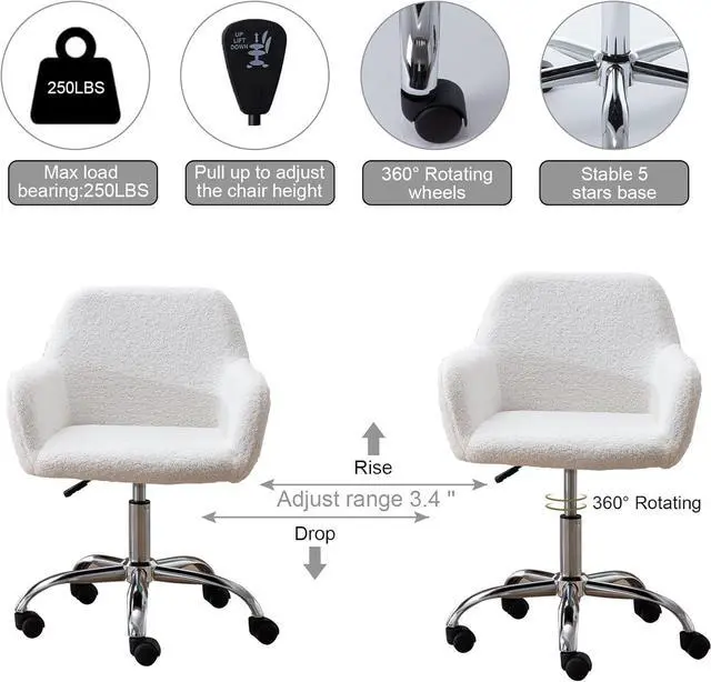 Alt view image 6 of 7 - Modern Faux Fur Home Office Chair, Upholstered Elegant Makeup Vanity Chair for Teen Girls Swivel Desk Chair, Height Adjustable Leisure Elegant Chair, White