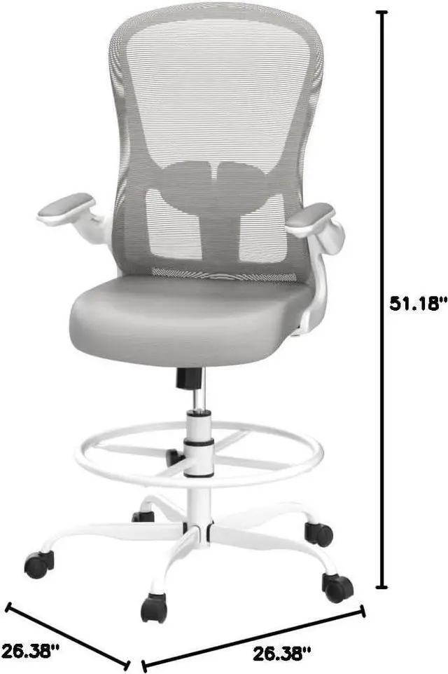 Alt view image 2 of 6 - Drafting Chair, Tall Office Chair with Flip-up Armrests Executive Ergonomic Computer Standing Desk Chair, Office Drafting Chair with Lumbar Support and Adjustable Footrest Ring