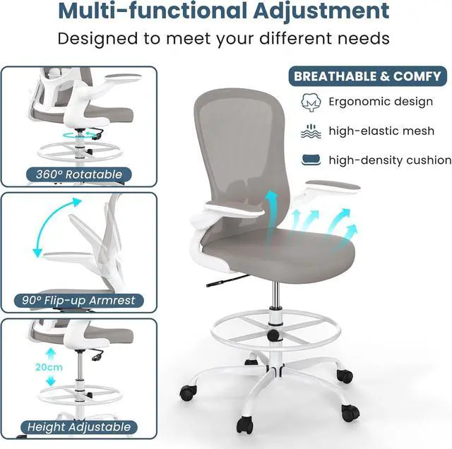 Alt view image 5 of 6 - Drafting Chair, Tall Office Chair with Flip-up Armrests Executive Ergonomic Computer Standing Desk Chair, Office Drafting Chair with Lumbar Support and Adjustable Footrest Ring
