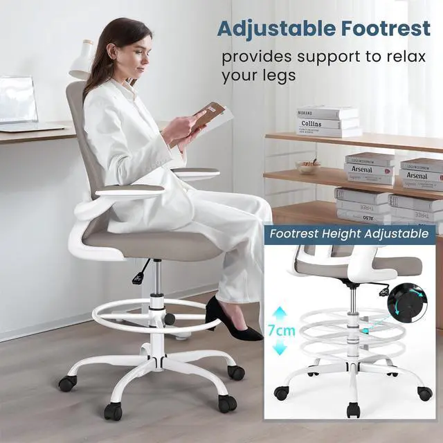Alt view image 4 of 6 - Drafting Chair, Tall Office Chair with Flip-up Armrests Executive Ergonomic Computer Standing Desk Chair, Office Drafting Chair with Lumbar Support and Adjustable Footrest Ring