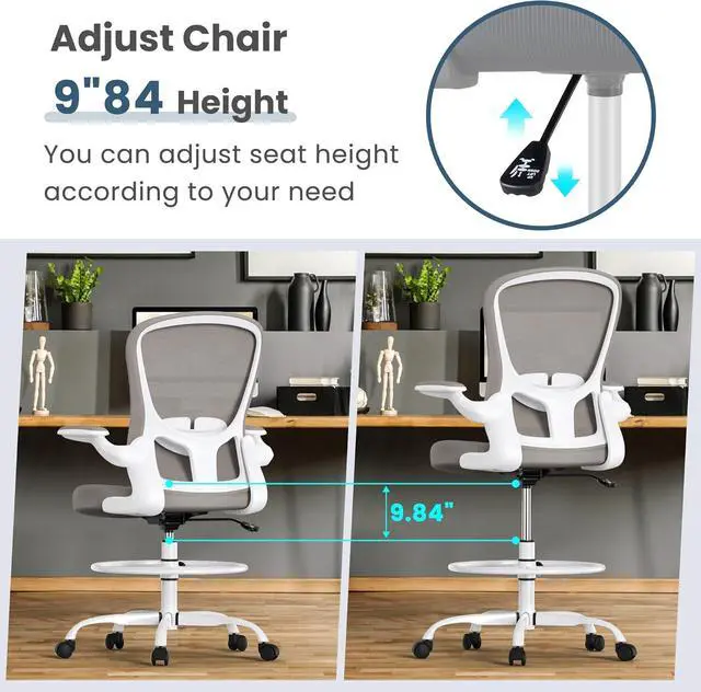 Alt view image 6 of 6 - Drafting Chair, Tall Office Chair with Flip-up Armrests Executive Ergonomic Computer Standing Desk Chair, Office Drafting Chair with Lumbar Support and Adjustable Footrest Ring