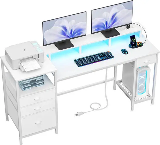 Main image of Furologee White Computer Desk with 4 Drawers, 60" Long Office Desk with Fabric File Cabinet and Power Outlets, Gaming Desk with LED Lights, Study Writing Work Desk with Shelf for Home Office
