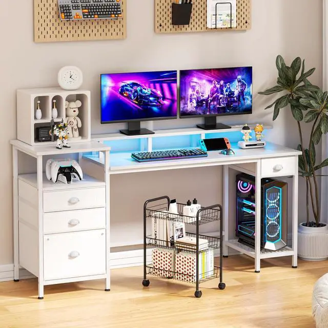 Alt view image 2 of 7 - Furologee White Computer Desk with 4 Drawers, 60" Long Office Desk with Fabric File Cabinet and Power Outlets, Gaming Desk with LED Lights, Study Writing Work Desk with Shelf for Home Office