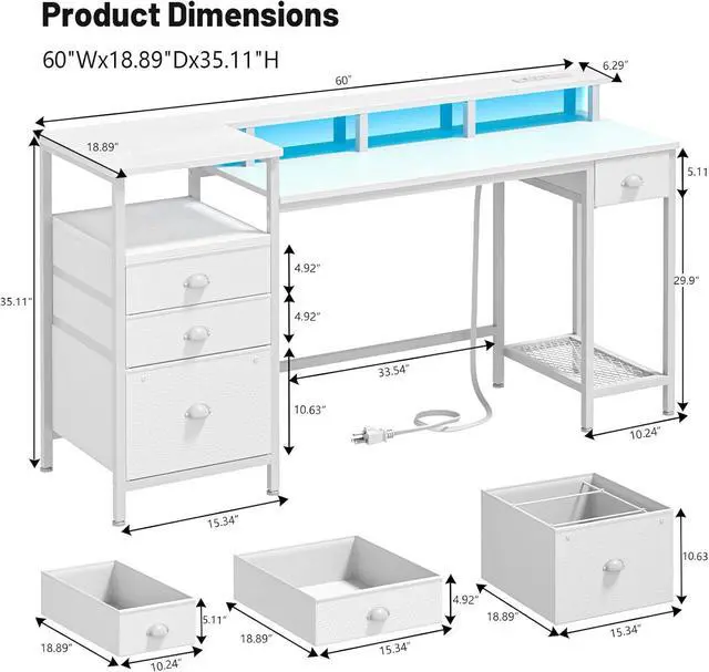 Alt view image 3 of 7 - Furologee White Computer Desk with 4 Drawers, 60" Long Office Desk with Fabric File Cabinet and Power Outlets, Gaming Desk with LED Lights, Study Writing Work Desk with Shelf for Home Office