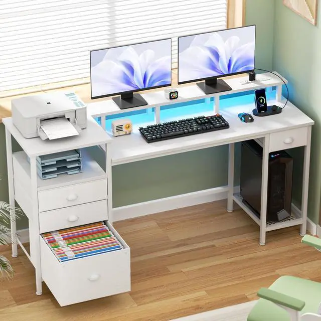 Alt view image 4 of 7 - Furologee White Computer Desk with 4 Drawers, 60" Long Office Desk with Fabric File Cabinet and Power Outlets, Gaming Desk with LED Lights, Study Writing Work Desk with Shelf for Home Office