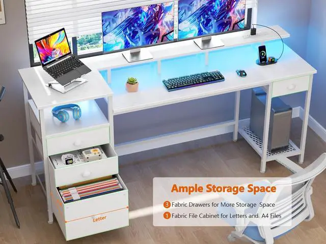 Alt view image 5 of 7 - Furologee White Computer Desk with 4 Drawers, 60" Long Office Desk with Fabric File Cabinet and Power Outlets, Gaming Desk with LED Lights, Study Writing Work Desk with Shelf for Home Office