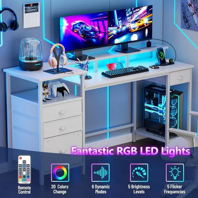 Alt view image 6 of 7 - Furologee White Computer Desk with 4 Drawers, 60" Long Office Desk with Fabric File Cabinet and Power Outlets, Gaming Desk with LED Lights, Study Writing Work Desk with Shelf for Home Office