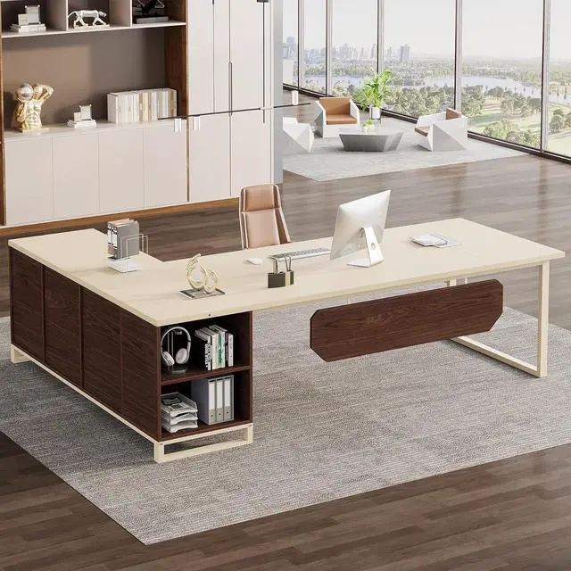 Main image of Tribesigns 70.8-Inch Executive Desk with 55-Inch File Cabinet, Large L Shaped Computer Desk with Storage Cabinet and Shelves, Industrial L-Shaped Desk for Home Office, Beige & Walnut