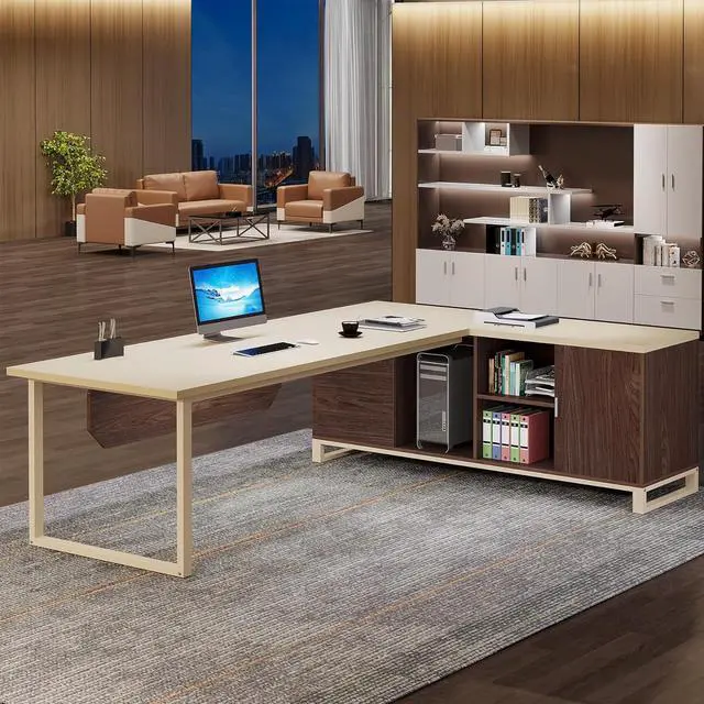 Alt view image 3 of 7 - Tribesigns 70.8-Inch Executive Desk with 55-Inch File Cabinet, Large L Shaped Computer Desk with Storage Cabinet and Shelves, Industrial L-Shaped Desk for Home Office, Beige & Walnut