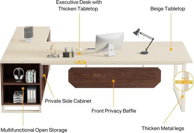 Alt view image 5 of 7 - Tribesigns 70.8-Inch Executive Desk with 55-Inch File Cabinet, Large L Shaped Computer Desk with Storage Cabinet and Shelves, Industrial L-Shaped Desk for Home Office, Beige & Walnut