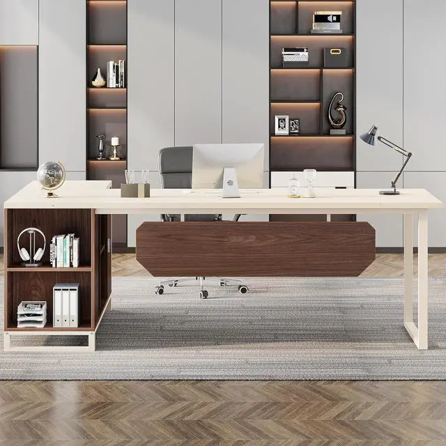 Alt view image 4 of 7 - Tribesigns 70.8-Inch Executive Desk with 55-Inch File Cabinet, Large L Shaped Computer Desk with Storage Cabinet and Shelves, Industrial L-Shaped Desk for Home Office, Beige & Walnut