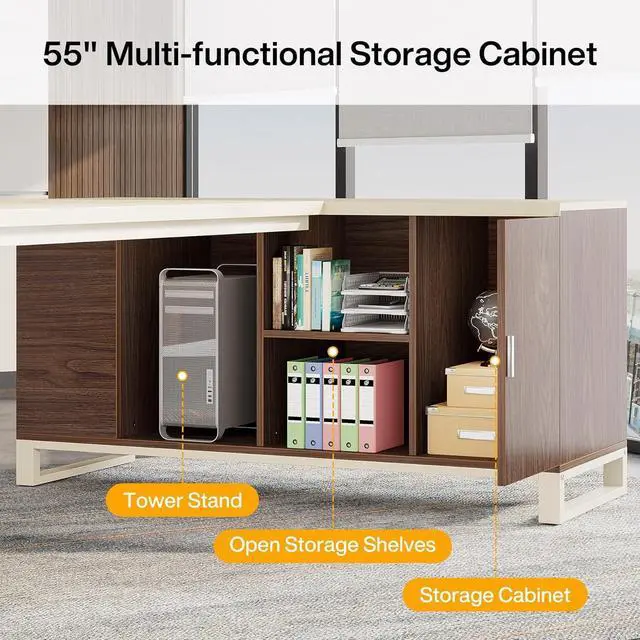 Alt view image 6 of 7 - Tribesigns 70.8-Inch Executive Desk with 55-Inch File Cabinet, Large L Shaped Computer Desk with Storage Cabinet and Shelves, Industrial L-Shaped Desk for Home Office, Beige & Walnut
