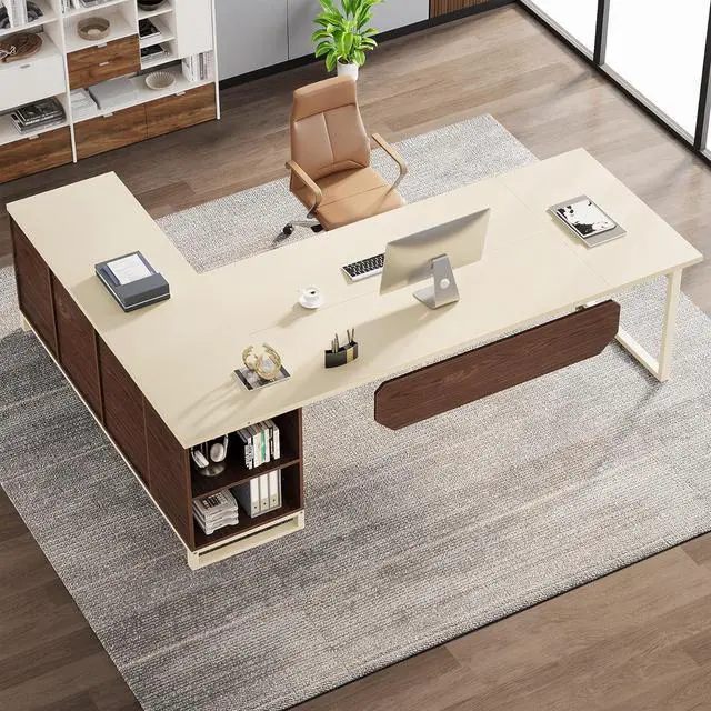 Alt view image 7 of 7 - Tribesigns 70.8-Inch Executive Desk with 55-Inch File Cabinet, Large L Shaped Computer Desk with Storage Cabinet and Shelves, Industrial L-Shaped Desk for Home Office, Beige & Walnut