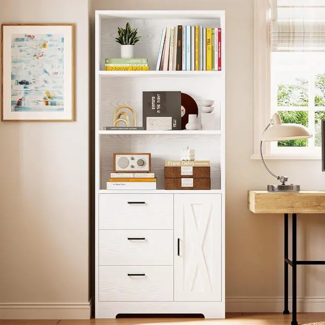 Alt view image 5 of 7 - IRONCK Bookshelf with Door and 3 Drawers, 71in Tall Bookcase Shelf with 3-Tier Shelves, for Bedroom Living Room Entrance Hallway Home Office