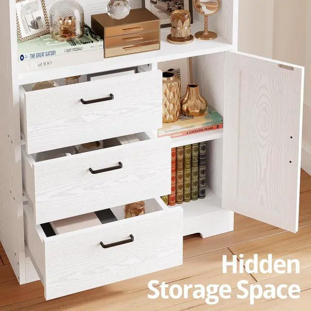 Alt view image 6 of 7 - IRONCK Bookshelf with Door and 3 Drawers, 71in Tall Bookcase Shelf with 3-Tier Shelves, for Bedroom Living Room Entrance Hallway Home Office