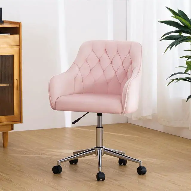 Main image of HOFFREE Velvet Office Chair Cute Vanity Chair with Wheels for Bedroom Upholstered Task Chair for Home Office Pink