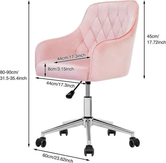Alt view image 2 of 5 - HOFFREE Velvet Office Chair Cute Vanity Chair with Wheels for Bedroom Upholstered Task Chair for Home Office Pink