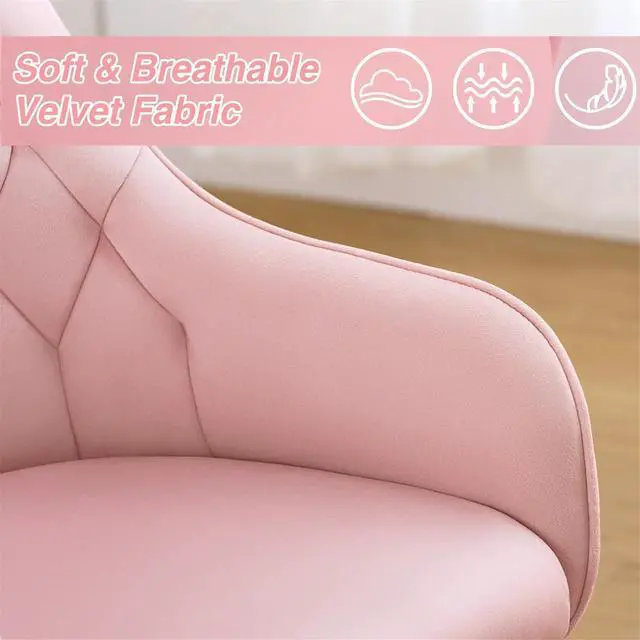 Alt view image 3 of 5 - HOFFREE Velvet Office Chair Cute Vanity Chair with Wheels for Bedroom Upholstered Task Chair for Home Office Pink