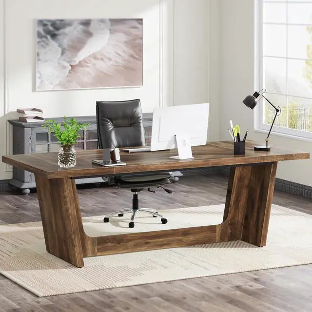 Main image of Tribesigns 70.87-Inch Executive Computer Desk: Large Home Office Desk with Solid Wooden Pedestal, Industrial Wood Study Writing Table, Workstation Business Furniture, Brown