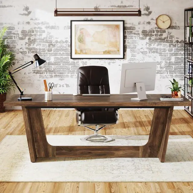 Alt view image 3 of 7 - Tribesigns 70.87-Inch Executive Computer Desk: Large Home Office Desk with Solid Wooden Pedestal, Industrial Wood Study Writing Table, Workstation Business Furniture, Brown