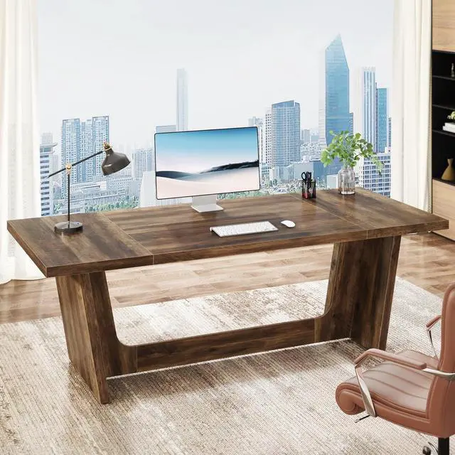 Alt view image 4 of 7 - Tribesigns 70.87-Inch Executive Computer Desk: Large Home Office Desk with Solid Wooden Pedestal, Industrial Wood Study Writing Table, Workstation Business Furniture, Brown
