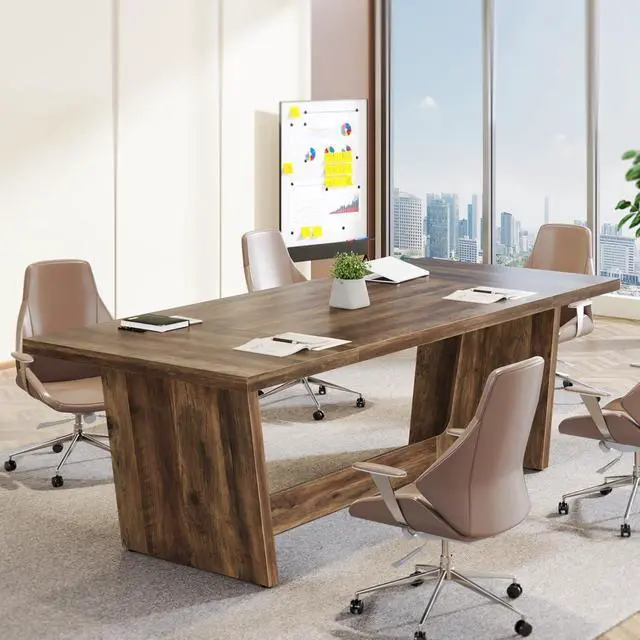 Alt view image 5 of 7 - Tribesigns 70.87-Inch Executive Computer Desk: Large Home Office Desk with Solid Wooden Pedestal, Industrial Wood Study Writing Table, Workstation Business Furniture, Brown