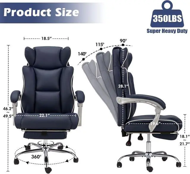 Alt view image 2 of 7 - Office Desk Chair with Foot Rest High Back Executive Office Chair for Heavy People PU Leather Computer Chair with Adjustable Backrest Reclining Office Chair with Lumbar Support, Blue