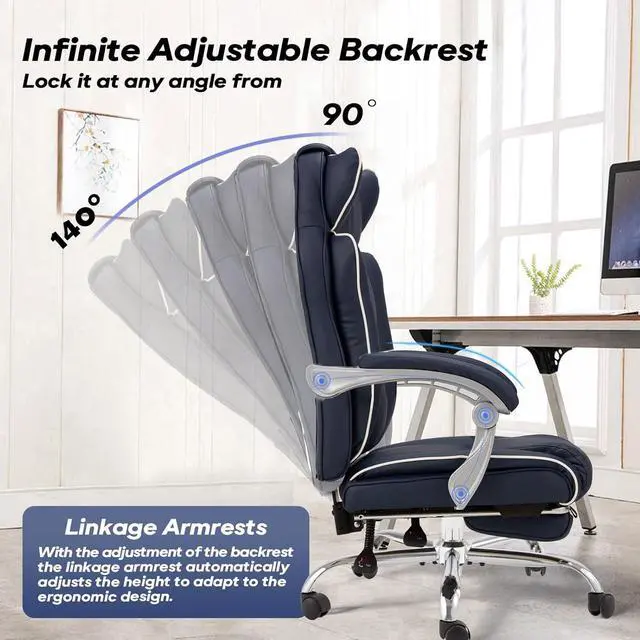 Alt view image 3 of 7 - Office Desk Chair with Foot Rest High Back Executive Office Chair for Heavy People PU Leather Computer Chair with Adjustable Backrest Reclining Office Chair with Lumbar Support, Blue