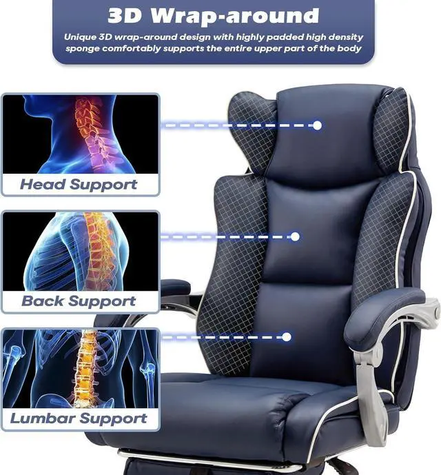 Alt view image 6 of 7 - Office Desk Chair with Foot Rest High Back Executive Office Chair for Heavy People PU Leather Computer Chair with Adjustable Backrest Reclining Office Chair with Lumbar Support, Blue
