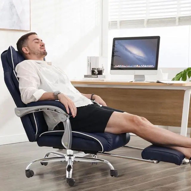 Alt view image 7 of 7 - Office Desk Chair with Foot Rest High Back Executive Office Chair for Heavy People PU Leather Computer Chair with Adjustable Backrest Reclining Office Chair with Lumbar Support, Blue