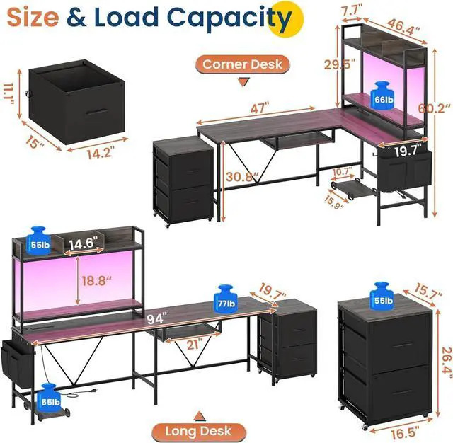 Alt view image 2 of 7 - L Shaped Gaming Desk with Keyboard Tray, Reversible Computer Desk with Power Outlet, Corner Home Office Desks, Mobile File Cabinet Storage Shelves Monitor Stand Drawers (Grey, 67in)