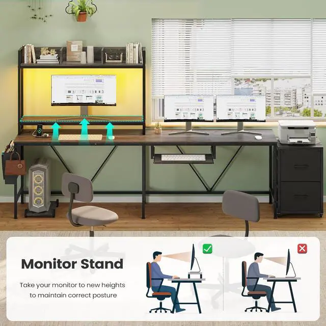 Alt view image 5 of 7 - L Shaped Gaming Desk with Keyboard Tray, Reversible Computer Desk with Power Outlet, Corner Home Office Desks, Mobile File Cabinet Storage Shelves Monitor Stand Drawers (Grey, 67in)