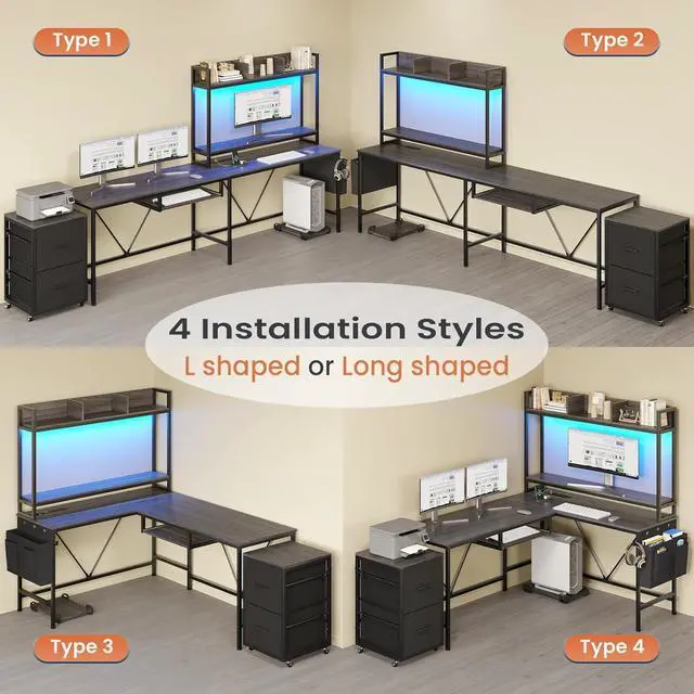 Alt view image 7 of 7 - L Shaped Gaming Desk with Keyboard Tray, Reversible Computer Desk with Power Outlet, Corner Home Office Desks, Mobile File Cabinet Storage Shelves Monitor Stand Drawers (Grey, 67in)