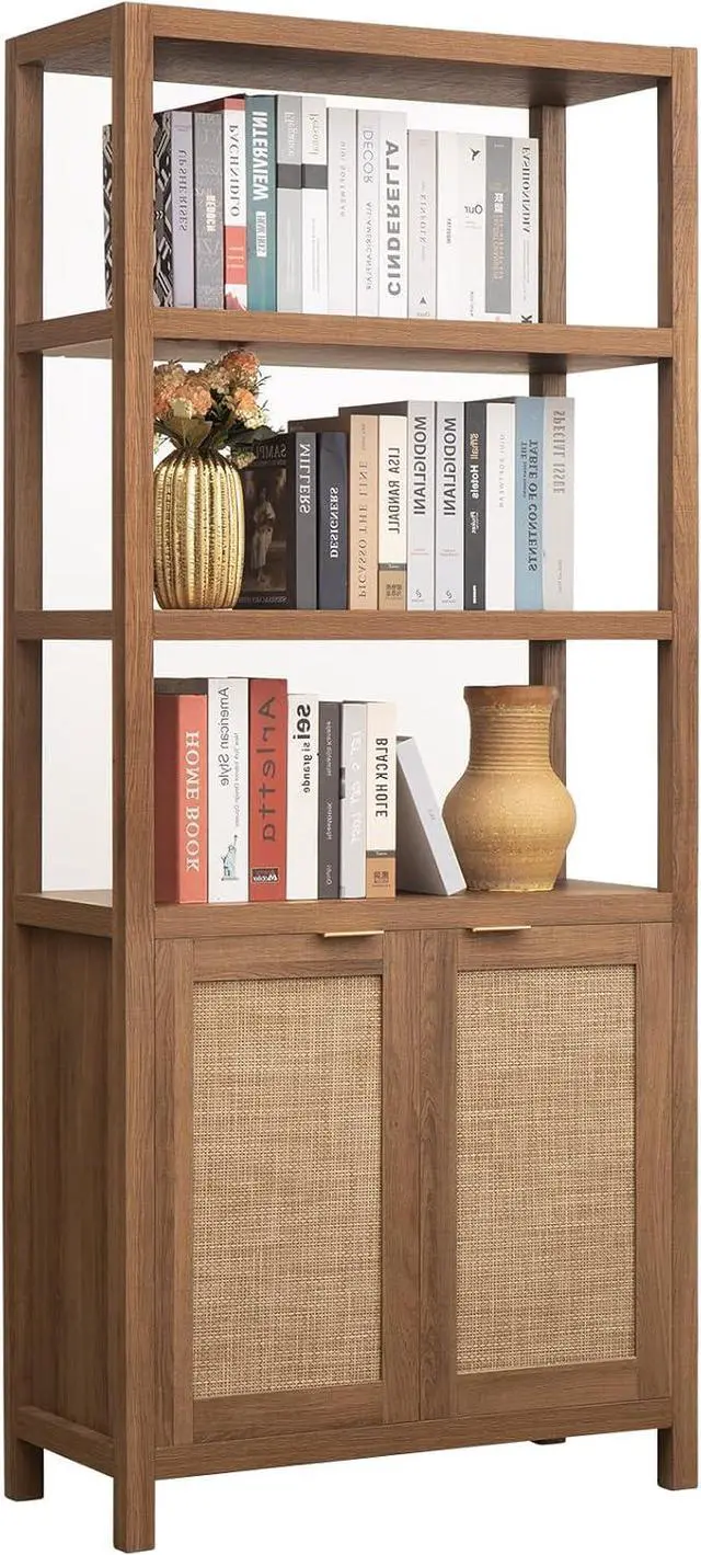 Main image of SICOTAS Bookshelf 5 Tier Book Shelf Rattan Boho 71" Tall Bookcase with Doors Storage Shelves Large Bookshelves Farmhouse Bookcases Library Book Case for Living Room Bedroom Home Office Kitchen