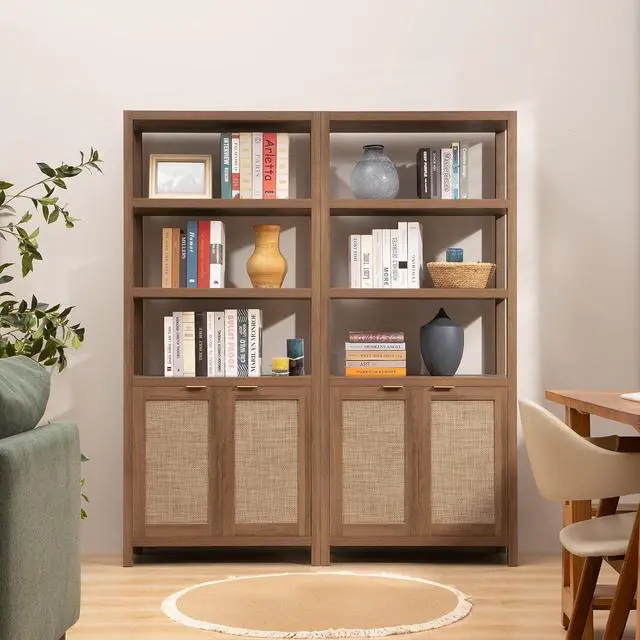 Alt view image 2 of 7 - SICOTAS Bookshelf 5 Tier Book Shelf Rattan Boho 71" Tall Bookcase with Doors Storage Shelves Large Bookshelves Farmhouse Bookcases Library Book Case for Living Room Bedroom Home Office Kitchen