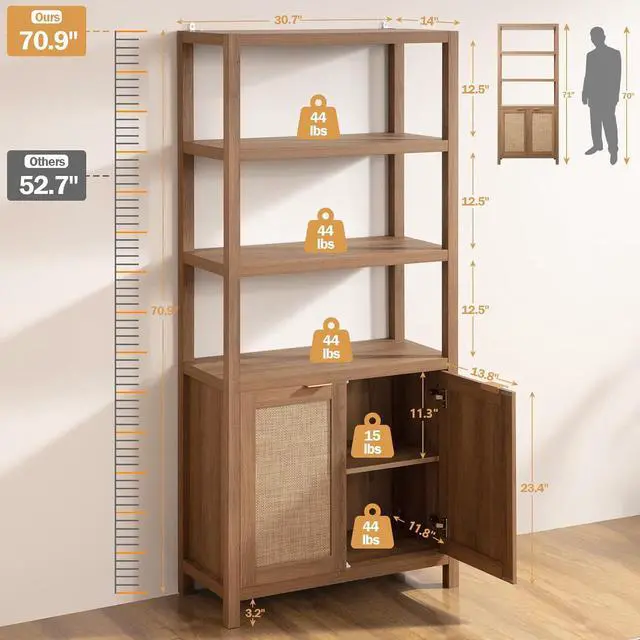Alt view image 3 of 7 - SICOTAS Bookshelf 5 Tier Book Shelf Rattan Boho 71" Tall Bookcase with Doors Storage Shelves Large Bookshelves Farmhouse Bookcases Library Book Case for Living Room Bedroom Home Office Kitchen