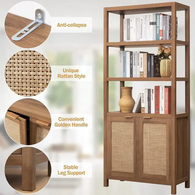 Alt view image 5 of 7 - SICOTAS Bookshelf 5 Tier Book Shelf Rattan Boho 71" Tall Bookcase with Doors Storage Shelves Large Bookshelves Farmhouse Bookcases Library Book Case for Living Room Bedroom Home Office Kitchen