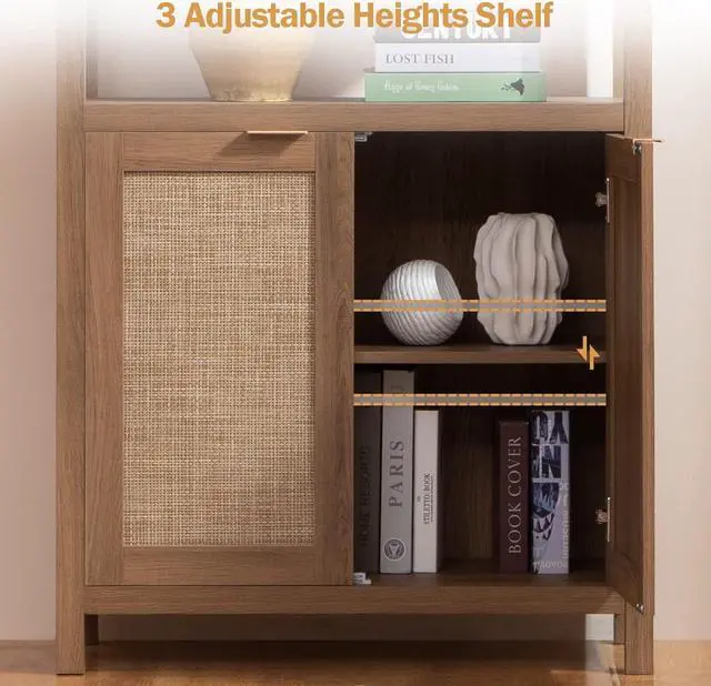 Alt view image 6 of 7 - SICOTAS Bookshelf 5 Tier Book Shelf Rattan Boho 71" Tall Bookcase with Doors Storage Shelves Large Bookshelves Farmhouse Bookcases Library Book Case for Living Room Bedroom Home Office Kitchen