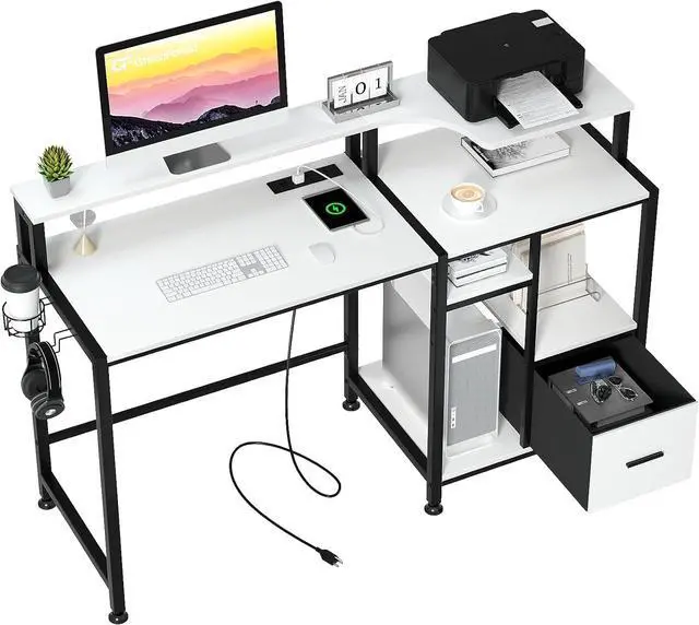 Main image of GreenForest Computer Desk with Drawers, Home Office Desk with Printer Shelf, 55 inches White Desk with Storage, Writing Study Desk with Monitor Stand, Small Work Desk for Bedroom, White