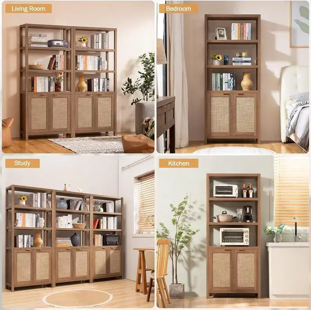 Alt view image 7 of 7 - SICOTAS Bookshelf 5 Tier Book Shelf Rattan Boho 71" Tall Bookcase with Doors Storage Shelves Large Bookshelves Farmhouse Bookcases Library Book Case for Living Room Bedroom Home Office Kitchen