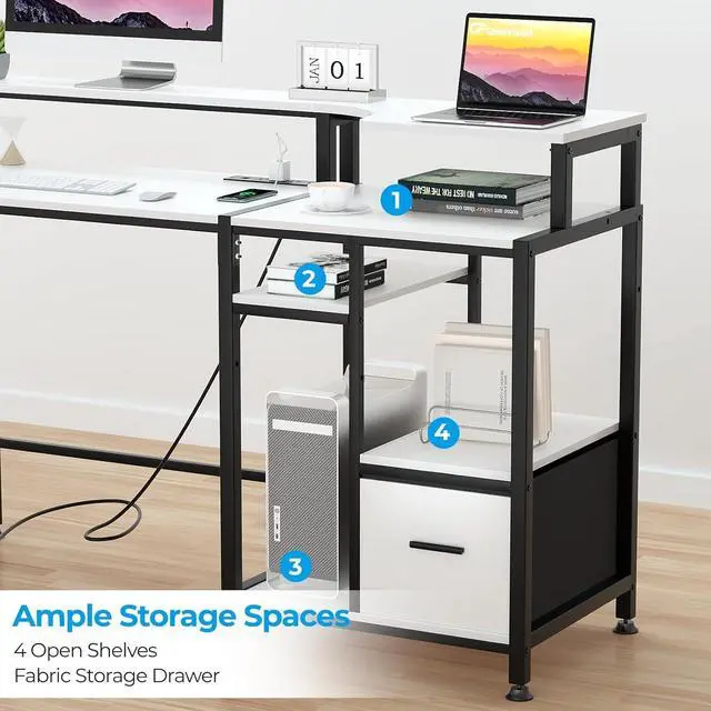 Alt view image 5 of 7 - GreenForest Computer Desk with Drawers, Home Office Desk with Printer Shelf, 55 inches White Desk with Storage, Writing Study Desk with Monitor Stand, Small Work Desk for Bedroom, White