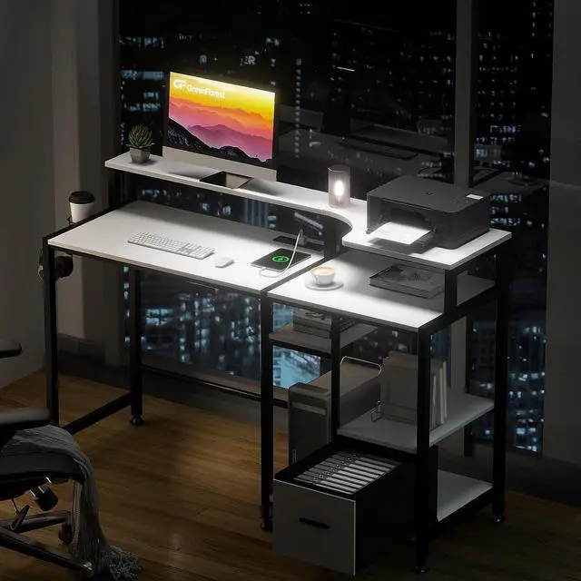 Alt view image 6 of 7 - GreenForest Computer Desk with Drawers, Home Office Desk with Printer Shelf, 55 inches White Desk with Storage, Writing Study Desk with Monitor Stand, Small Work Desk for Bedroom, White