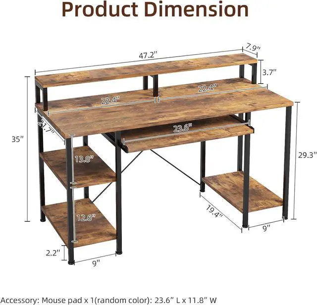 Alt view image 3 of 7 - VERMESS 48Inch Computer Desk, Home Office Desks with Keyboard Tray, Gaming Desk with CPU Stand Shelf,Industrial Study Table Wide Writing Desk with Storage Shelves for 2 Monitors, Rustic Brown