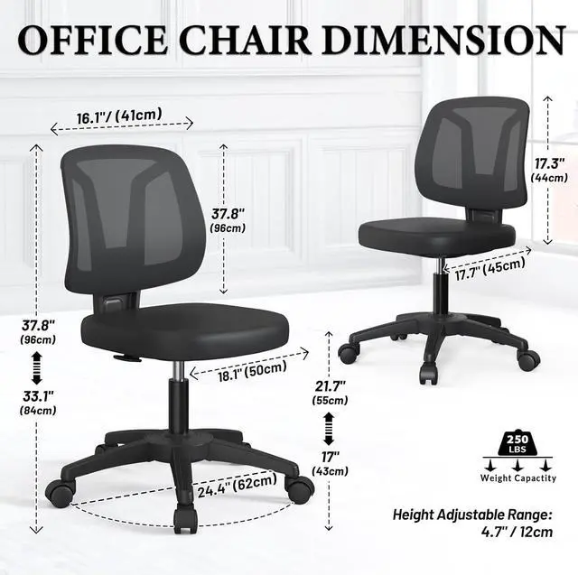 Alt view image 2 of 6 - Armless Ergonomic Small Task Desk Office Chair Without Arms Height Adjustable with Rolling Wheels for Small Spaces Adult and Child