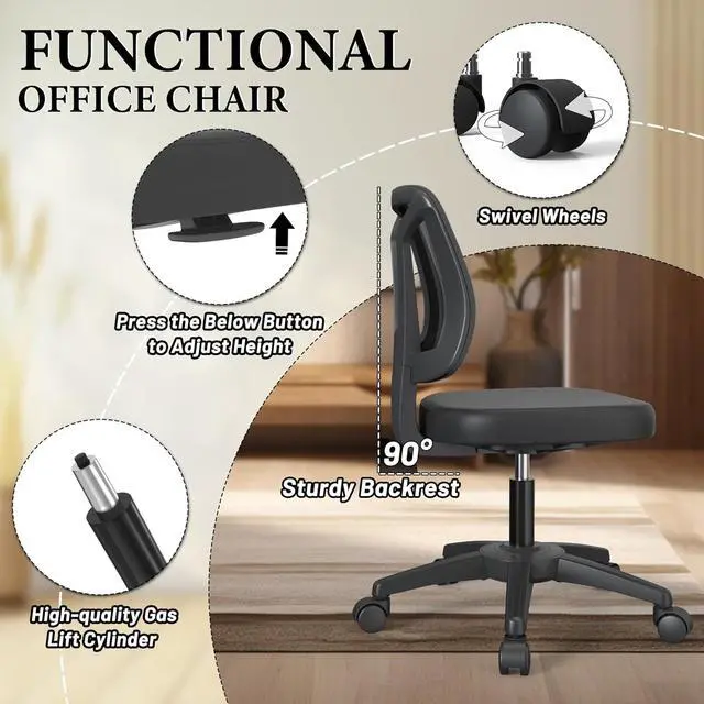 Alt view image 4 of 6 - Armless Ergonomic Small Task Desk Office Chair Without Arms Height Adjustable with Rolling Wheels for Small Spaces Adult and Child