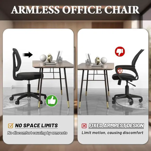 Alt view image 6 of 6 - Armless Ergonomic Small Task Desk Office Chair Without Arms Height Adjustable with Rolling Wheels for Small Spaces Adult and Child