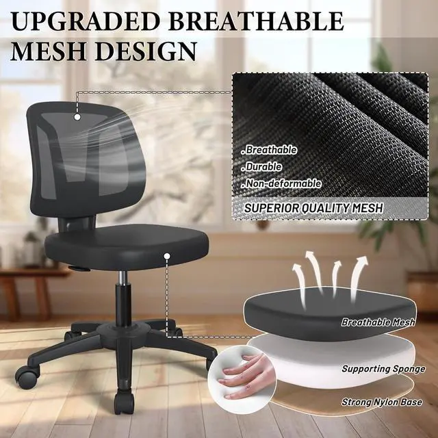 Alt view image 5 of 6 - Armless Ergonomic Small Task Desk Office Chair Without Arms Height Adjustable with Rolling Wheels for Small Spaces Adult and Child